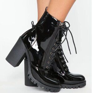 Fashion Nova Wait A Bit Longer Booties Black Faux Patent Leather Women Size 7.5